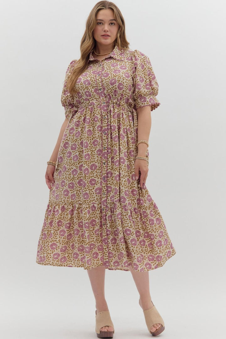 Women's cream button front midi dress with purple floral print by Entro in Plus