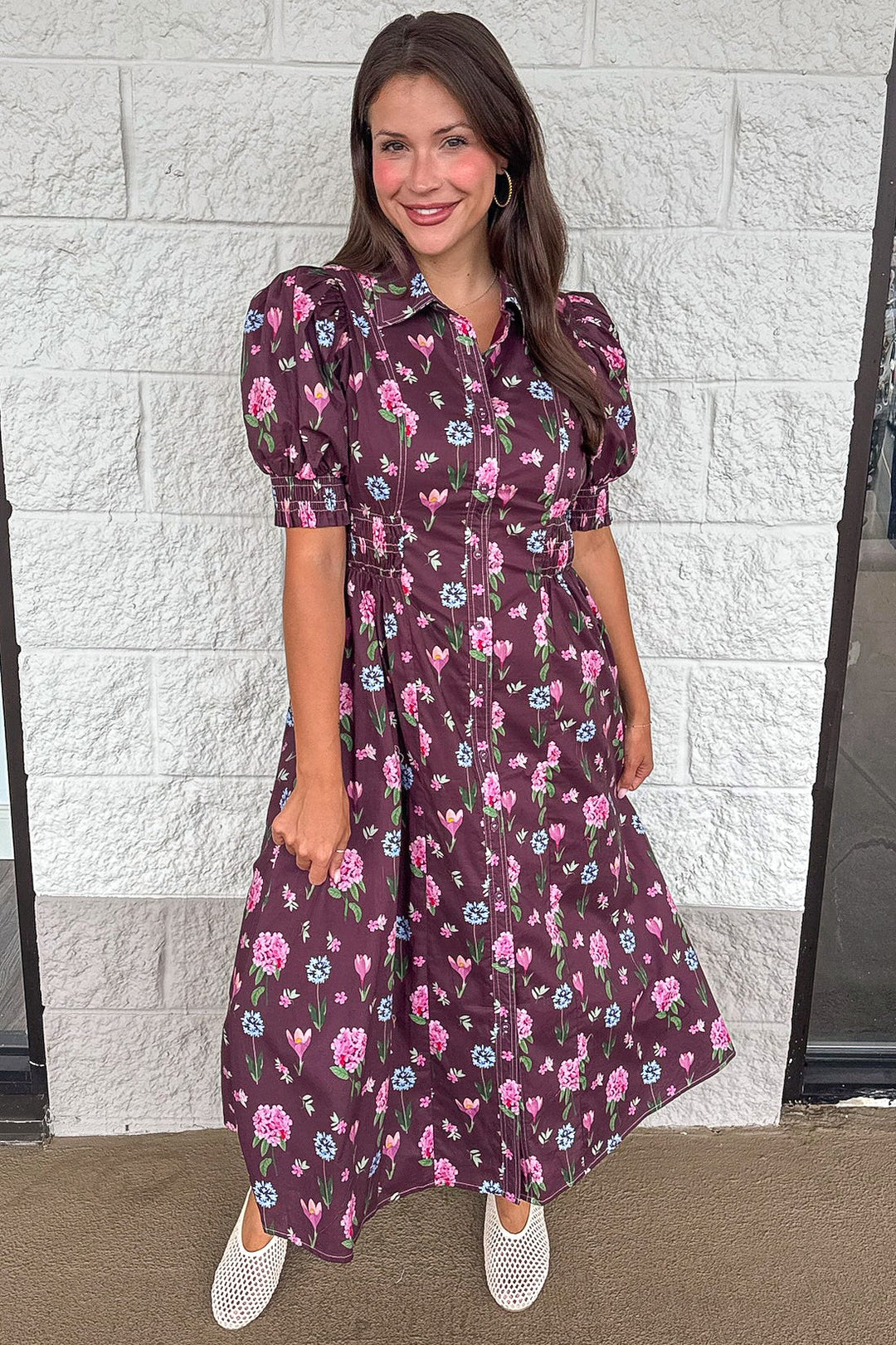 eggplant purple with pink and blue floral print button front puff sleeve midi dress