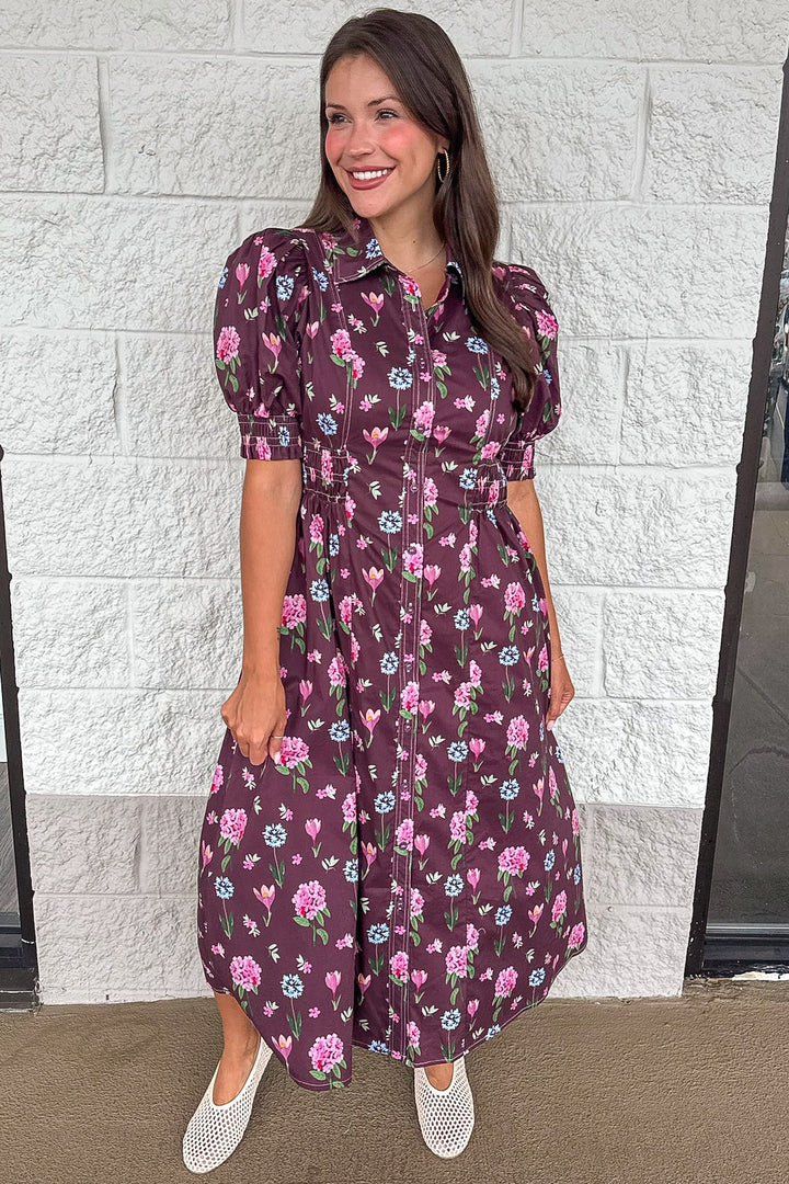 eggplant purple with pink and blue floral print button front gathered waist midi dress