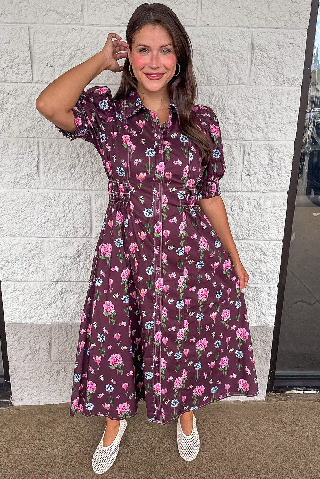 eggplant purple with pink and blue floral print button front cuffed short sleeve midi dress