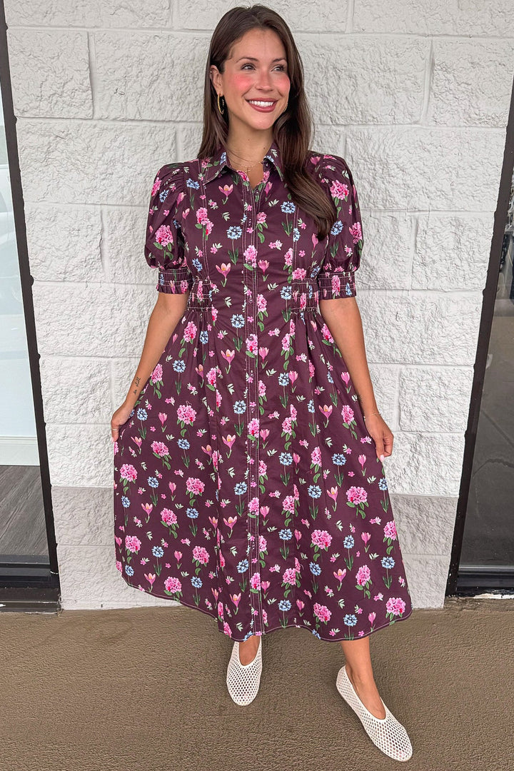 eggplant purple with pink and blue floral print button front elastic waist midi dress