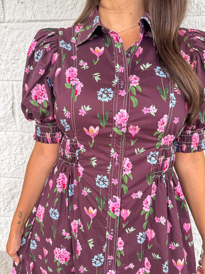 eggplant purple with pink and blue floral print button front collared neckline midi dress