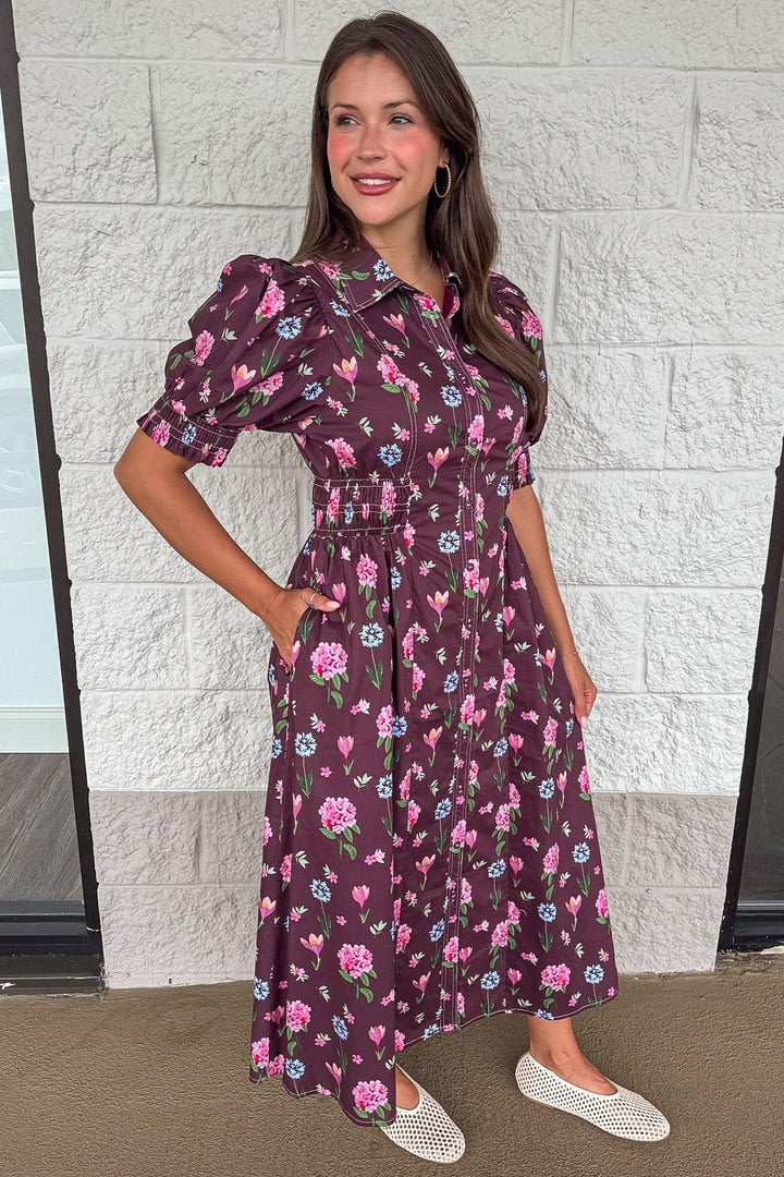 eggplant purple with pink and blue floral print button front midi dress with side pockets