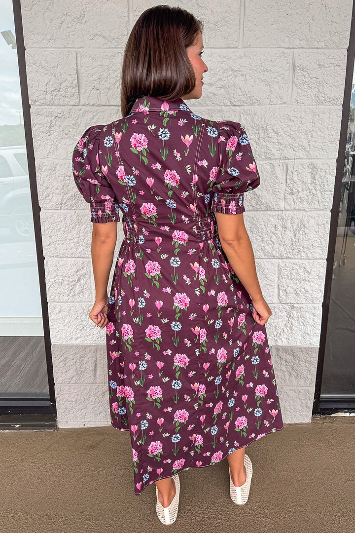 eggplant purple with pink and blue floral print button front cotton midi dress