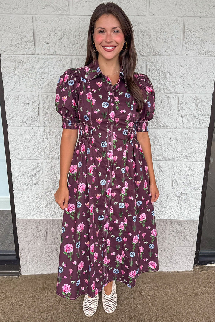 eggplant purple with pink and blue floral print button front midi dress