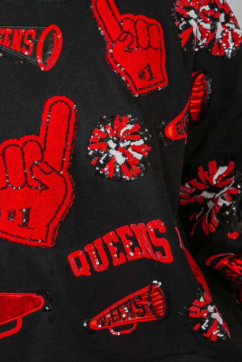 queen of sparkles fuzzy cheers red football pullover sweatshirt