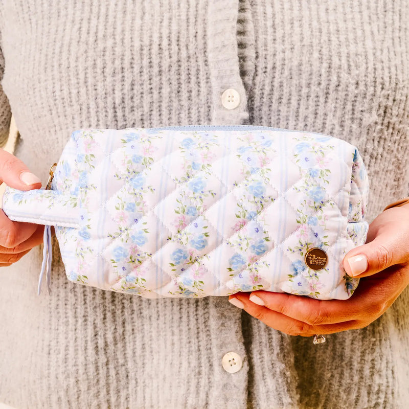 floral fancy blue quilted cosmetic case pouch