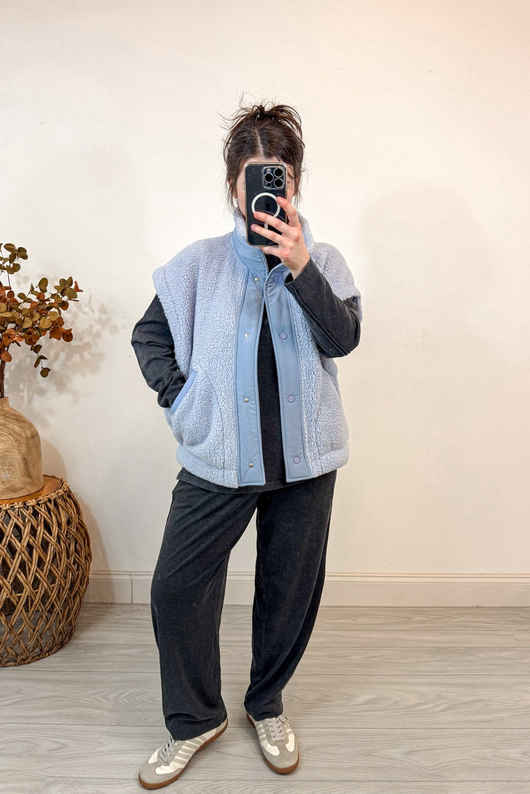 rae mode black mock neck matching pants set furry vest