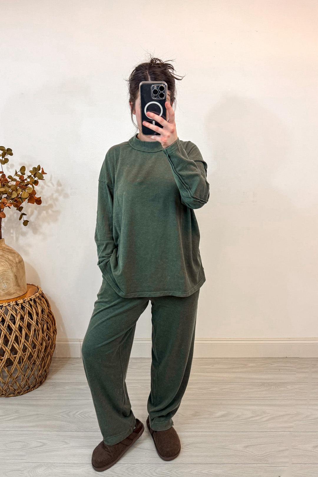 rae mode forest green mock neck matching pants set pockets