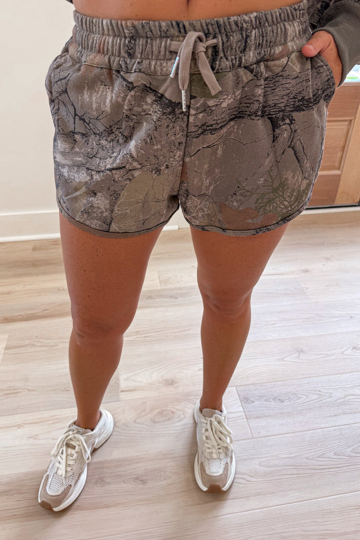 camo real tree print Terry knit lounge shorts