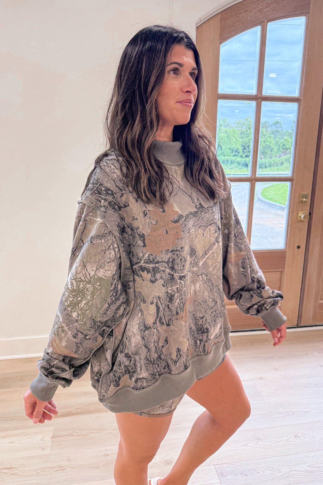 oversized viral camouflage mock neck pullover