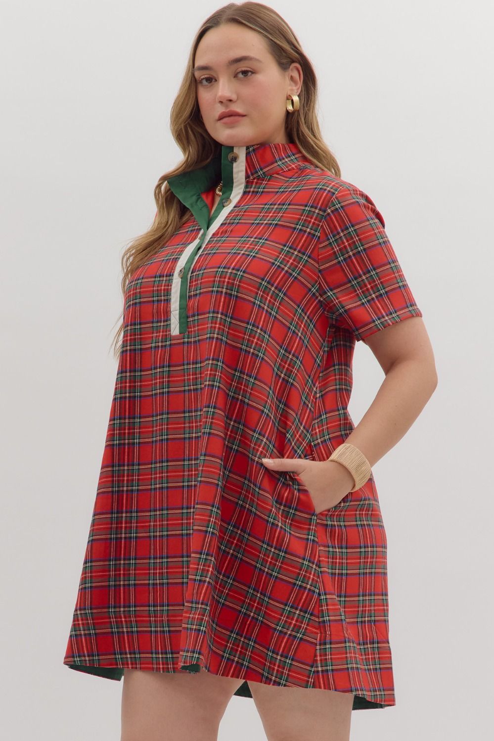 Women's red plaid dress with button front bodice and green trim by Entro  in plus size showing slight side view