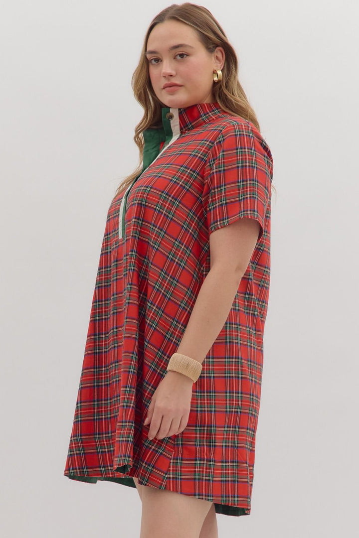 Women's red plaid dress with button front bodice and green trim by Entro  in plus size showing full side view