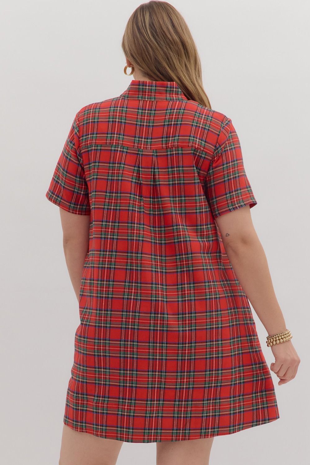 Women's red plaid dress with button front bodice and green trim by Entro  in plus size showing back view