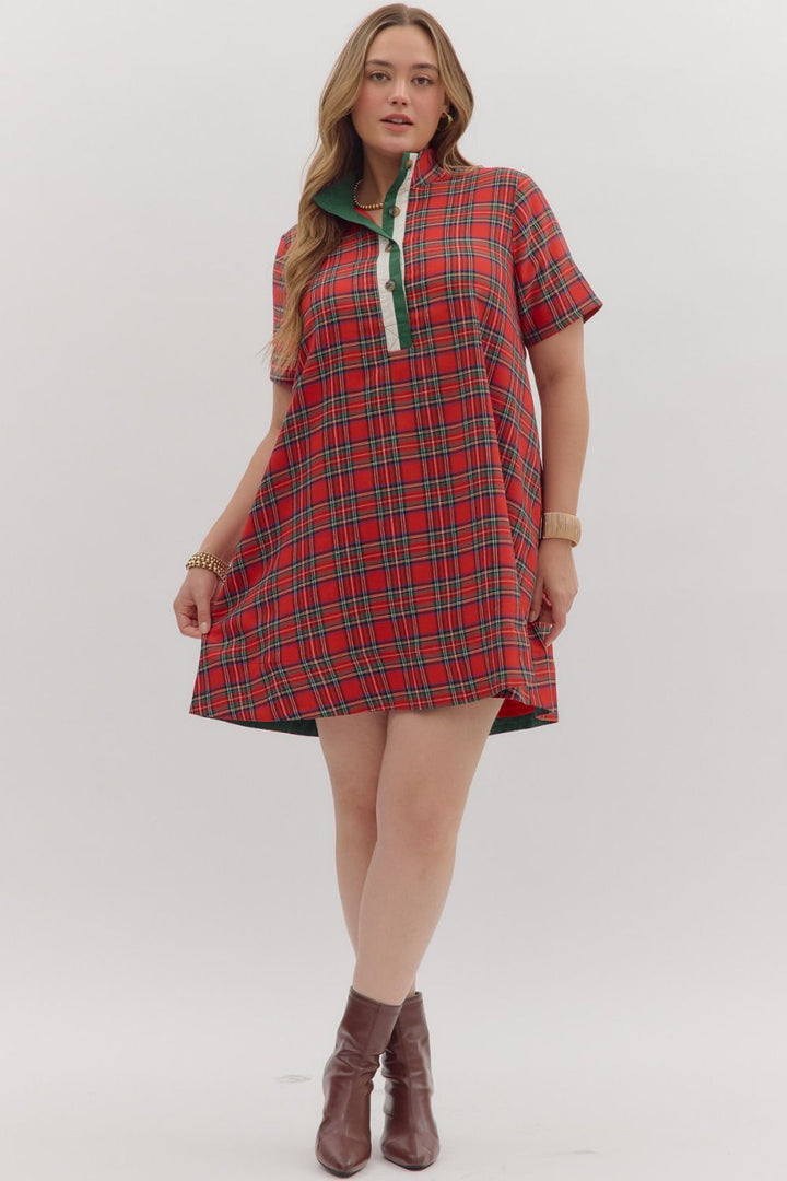 Women's red plaid dress with button front bodice and green trim by Entro  in plus size showing full front view