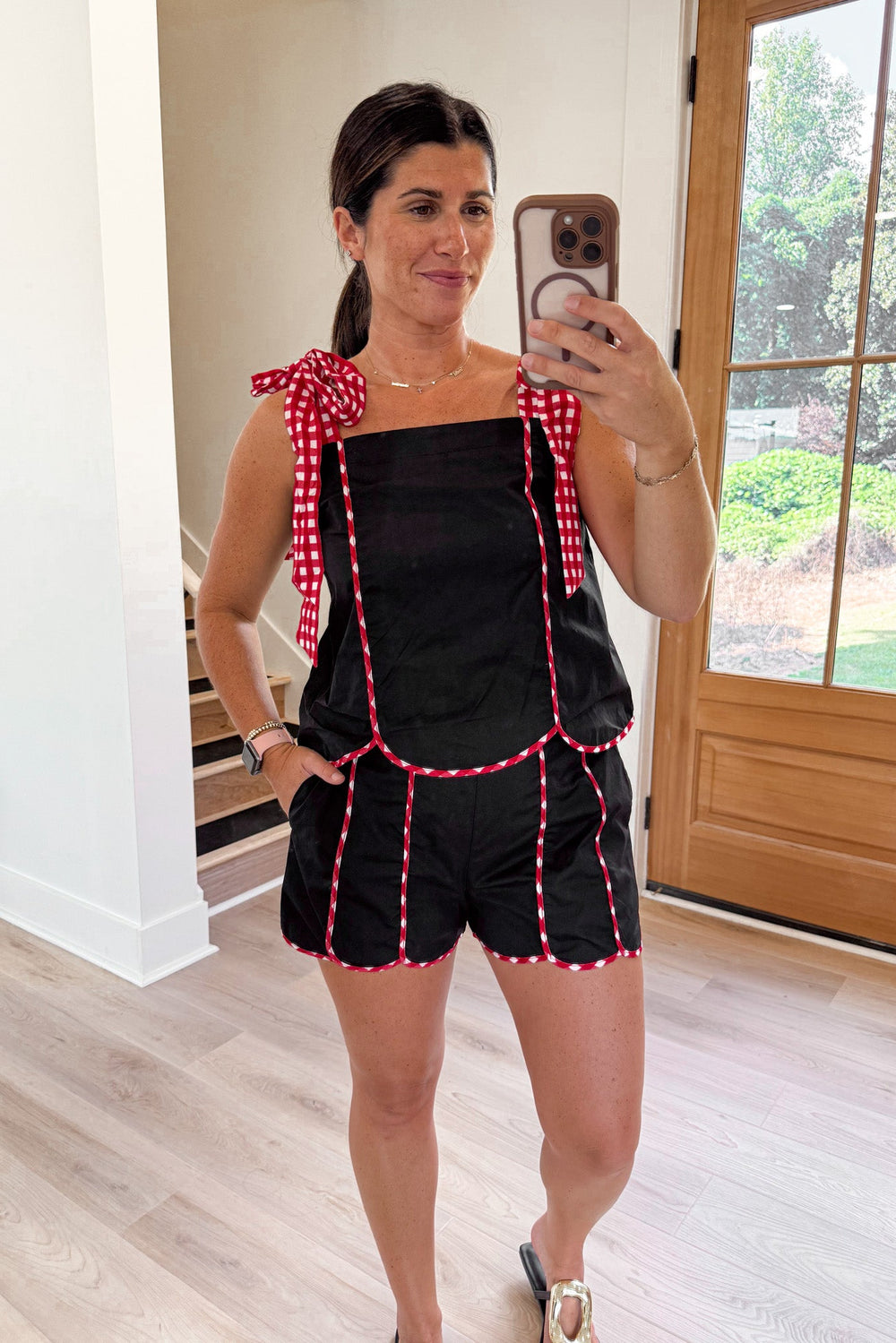 red black gingham matching shorts set football