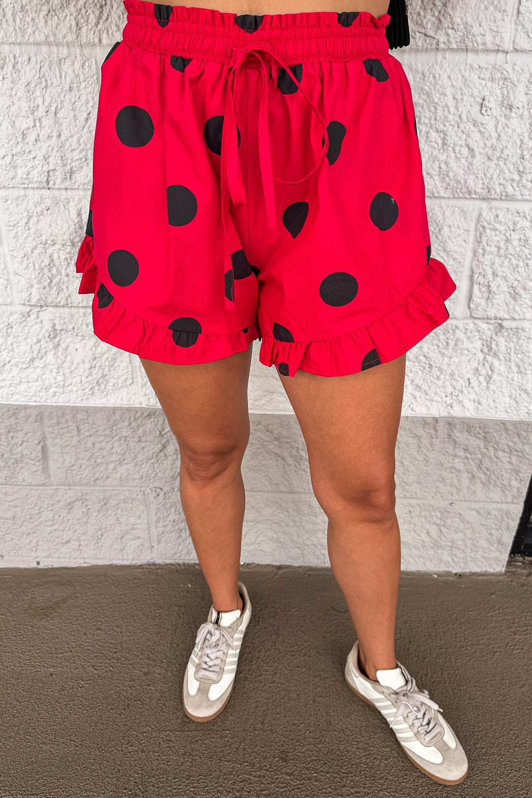 red with black polka dot print ruffle trimmed elastic waistband cotton shorts