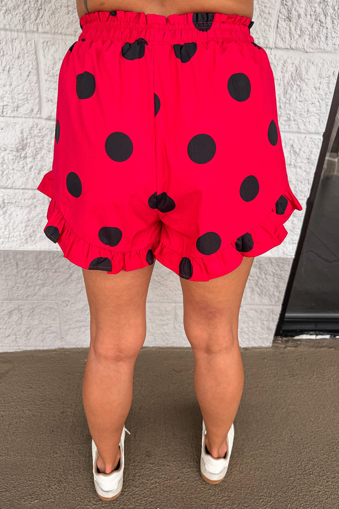 red with black polka dot print ruffled bottom hem elastic waist cotton shorts
