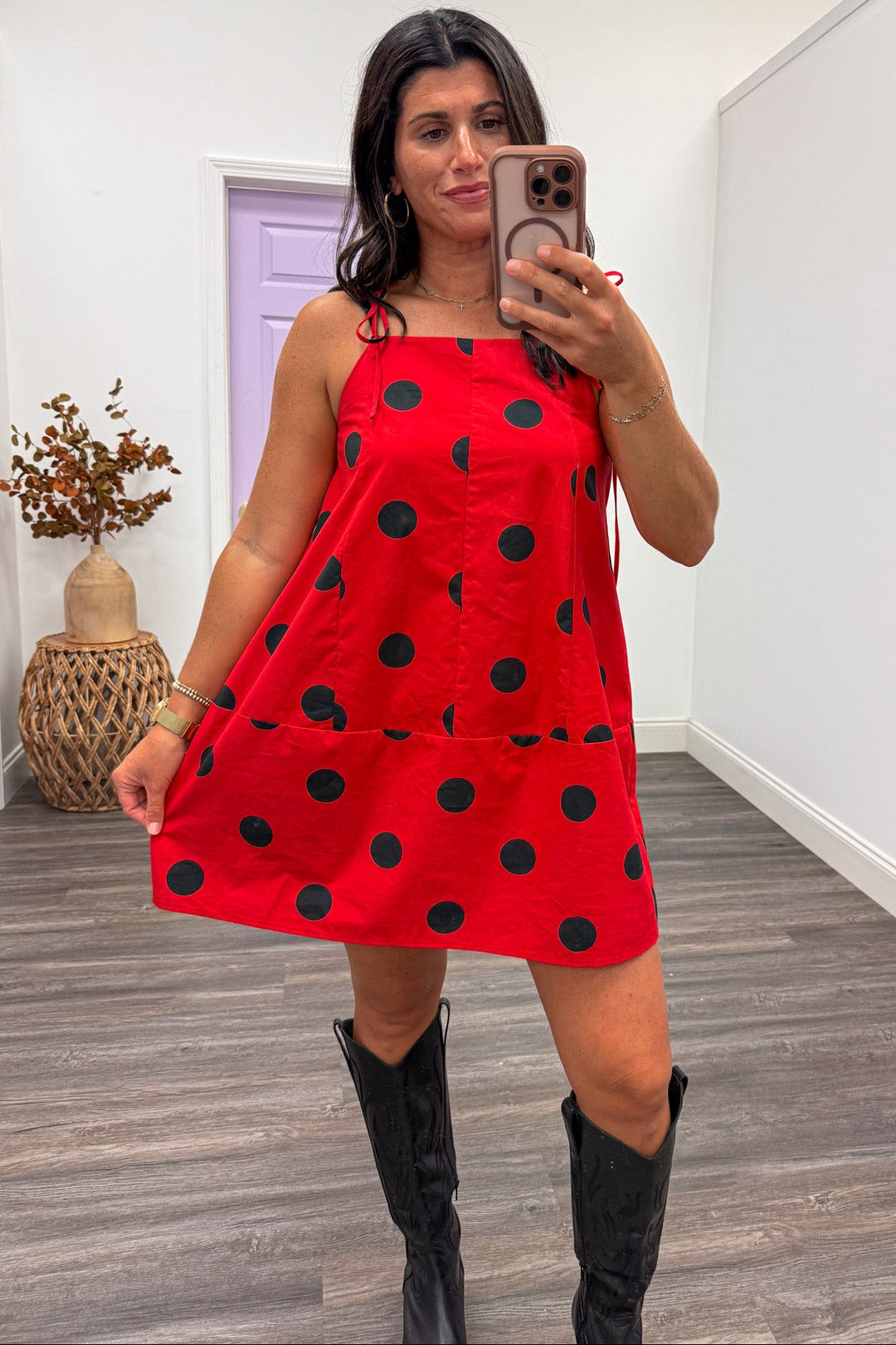 red with black polka dot print sleeveless spaghetti strap relaxed silhouette short dress
