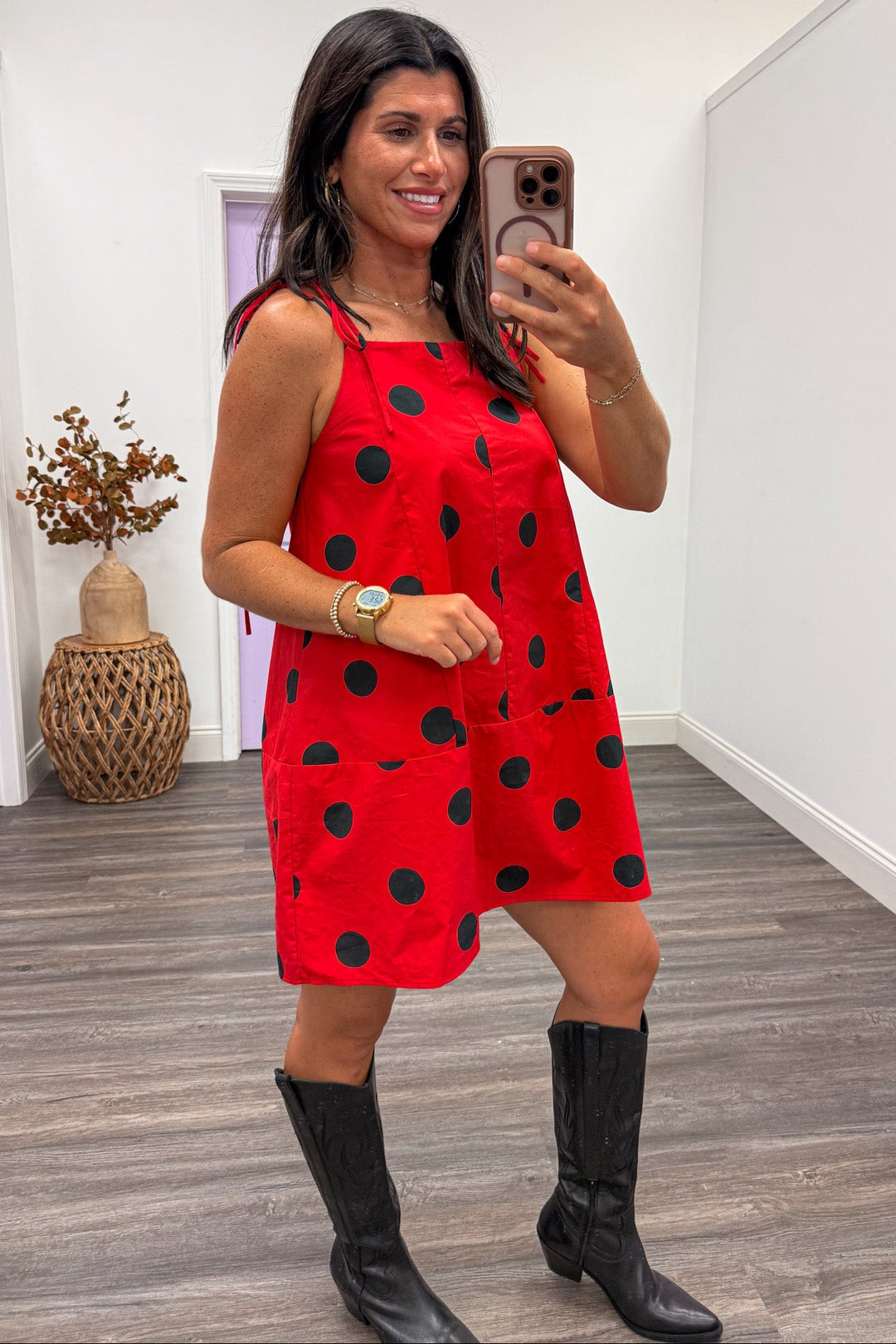 red with black polka dot print sleeveless spaghetti strap square neckline short dress