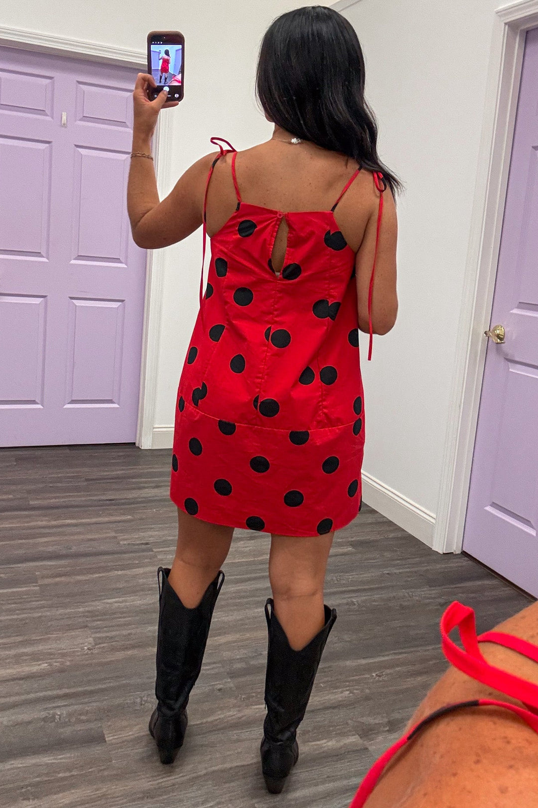 red with black polka dot print sleeveless spaghetti strap tiered hem short dress