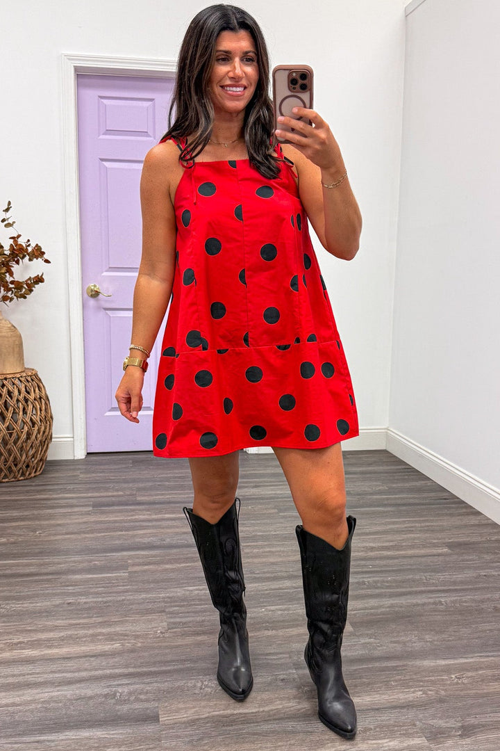 red with black polka dot print sleeveless spaghetti strap short dress
