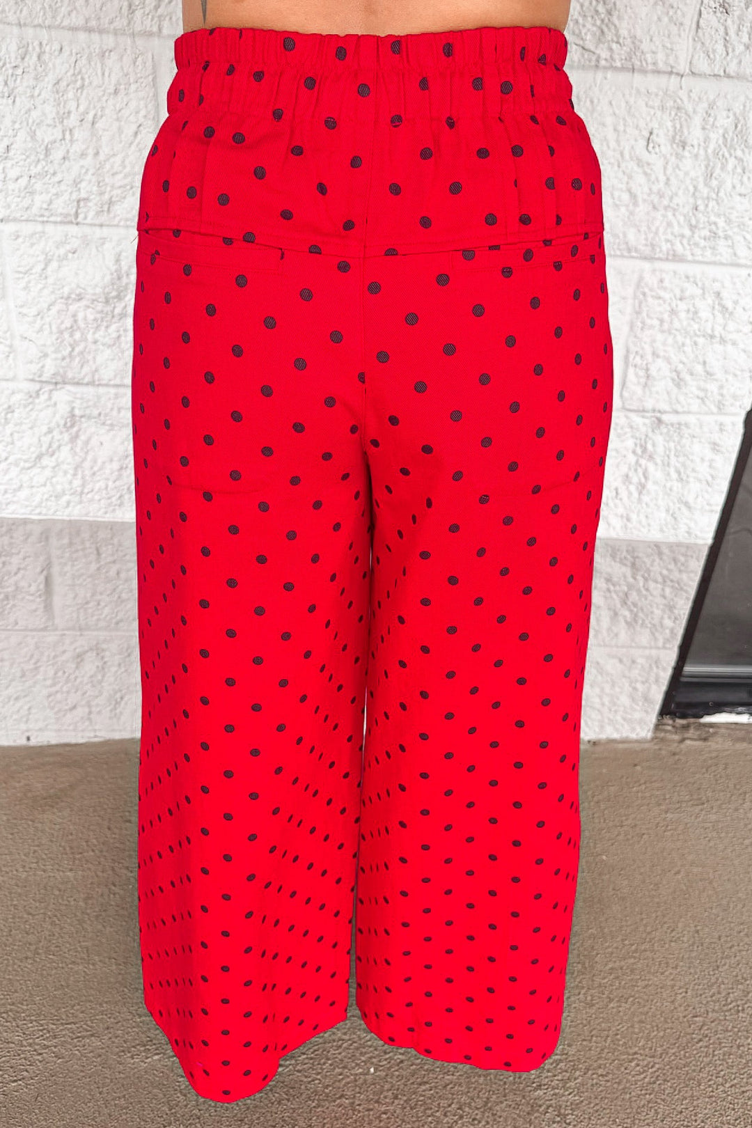red with black polka dot print wide leg cropped denim pants with back pockets