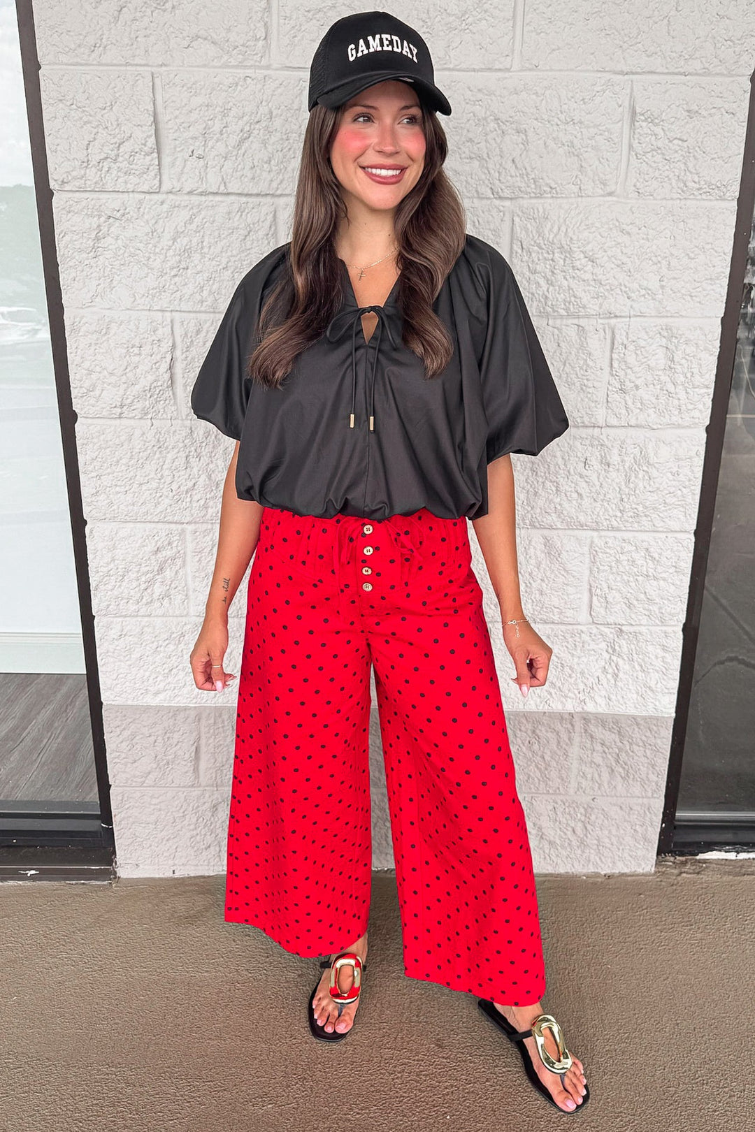 red with black polka dot print wide leg cropped denim pants