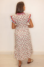 red blue floral print midi dress