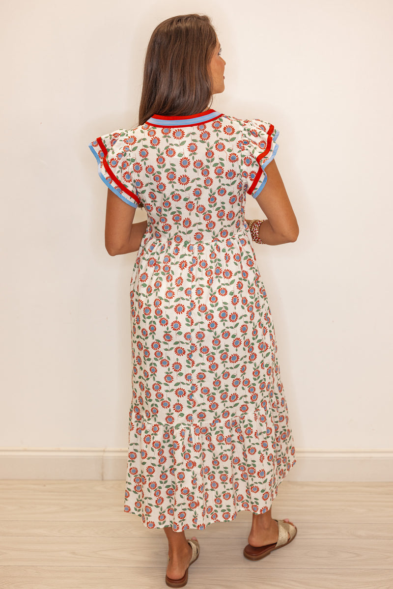 red blue floral print midi dress