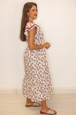 red blue floral print midi dress