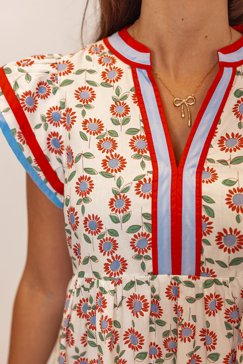 red blue floral print midi dress