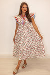 red blue floral print midi dress