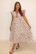 red blue floral print midi dress