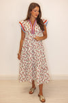 red blue floral print midi dress