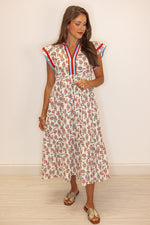 red blue floral print midi dress