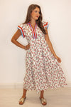 red blue floral print midi dress