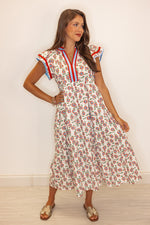 red blue floral print midi dress