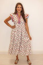 red blue floral print midi dress