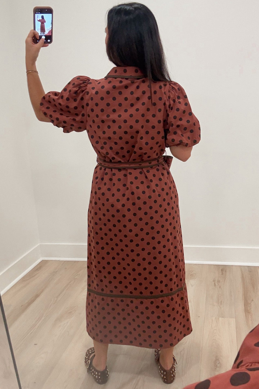 brick red with brown polka dot print short puff sleeve button front cotton poplin midi dress