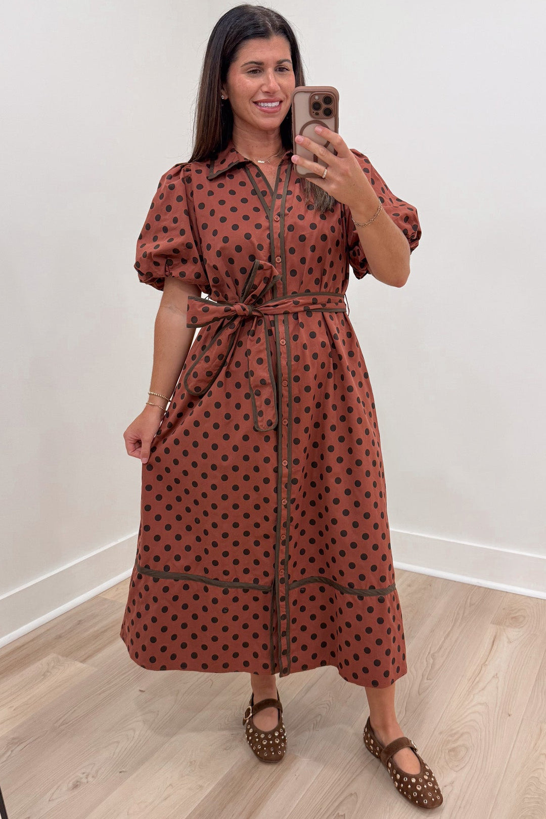 brick red with brown polka dot print puff sleeve button front tiered cotton poplin midi dress