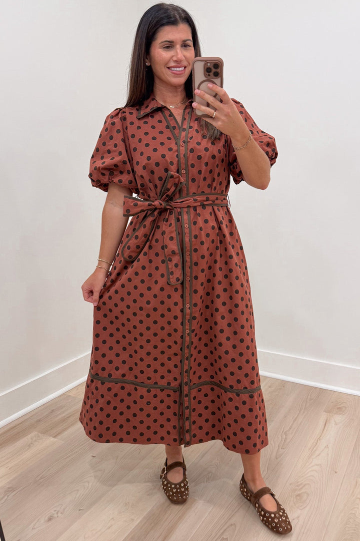 brick red with brown polka dot print puff sleeve button front tiered cotton poplin midi dress