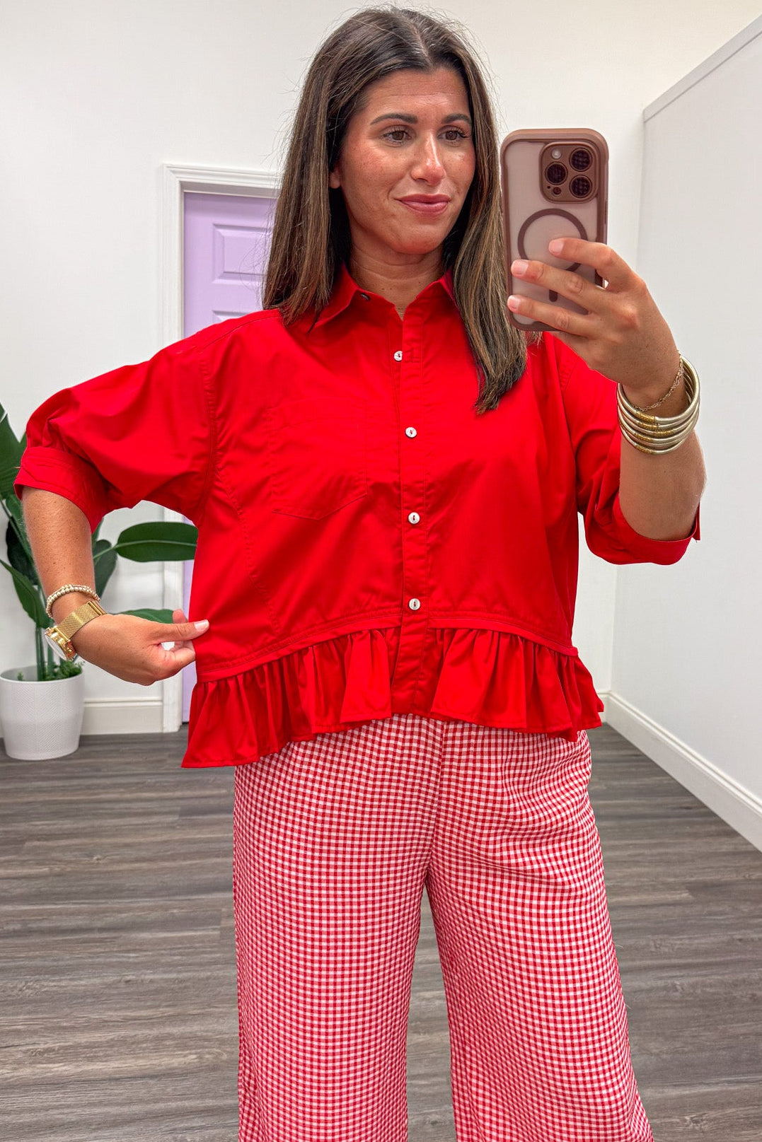 solid red button front puff sleeve ruffle hem semi-cropped relaxed boxy silhouette peplum top