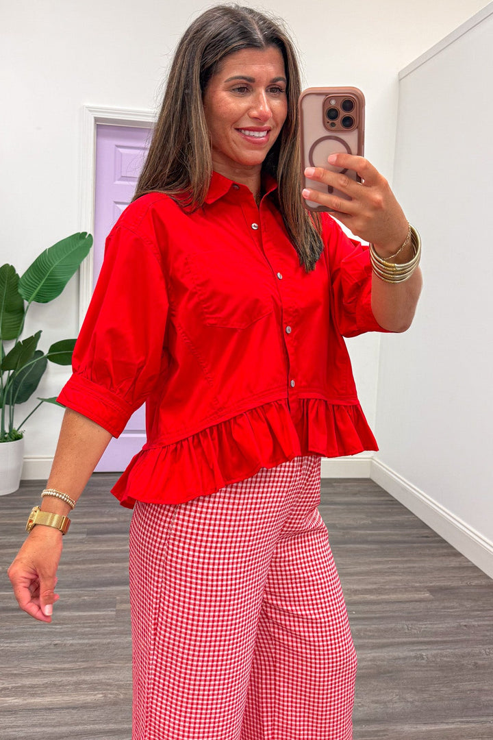 solid red button front drop shoulder short puff sleeve ruffle hem semi-cropped peplum top