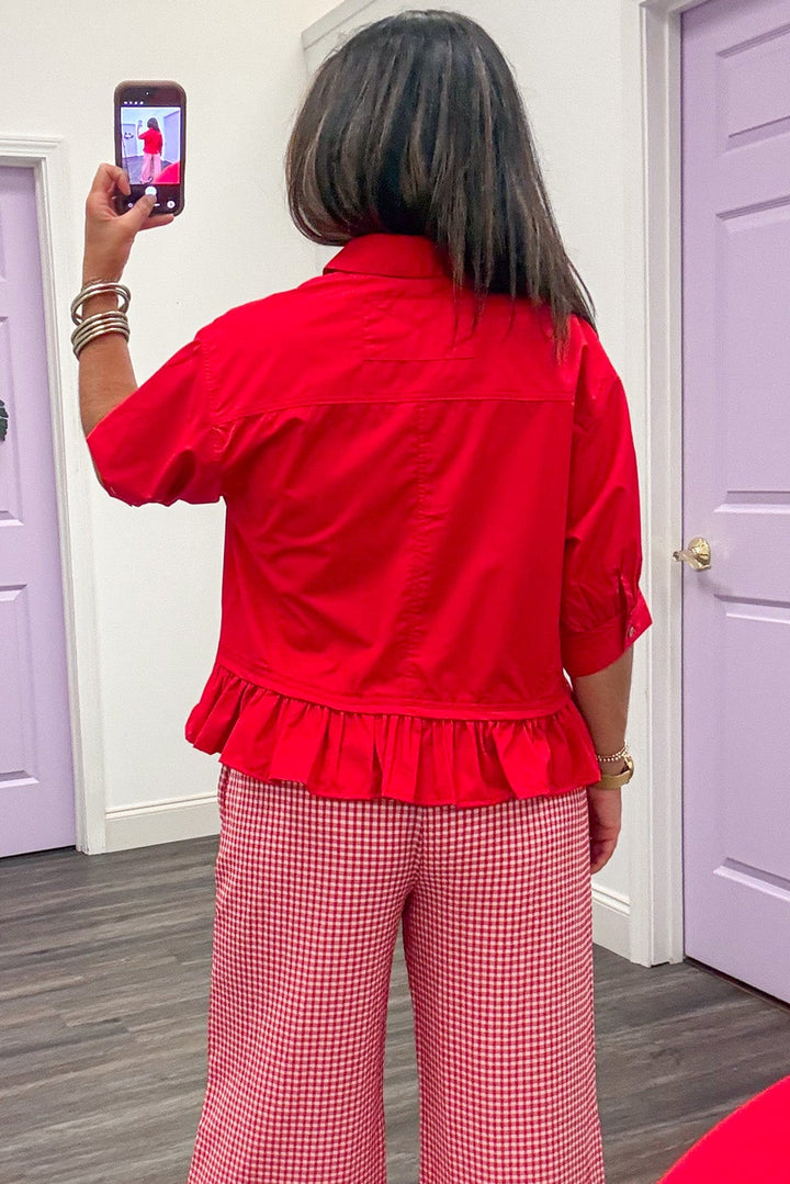 solid red collared neckline button front puff sleeve ruffle hem semi-cropped peplum top