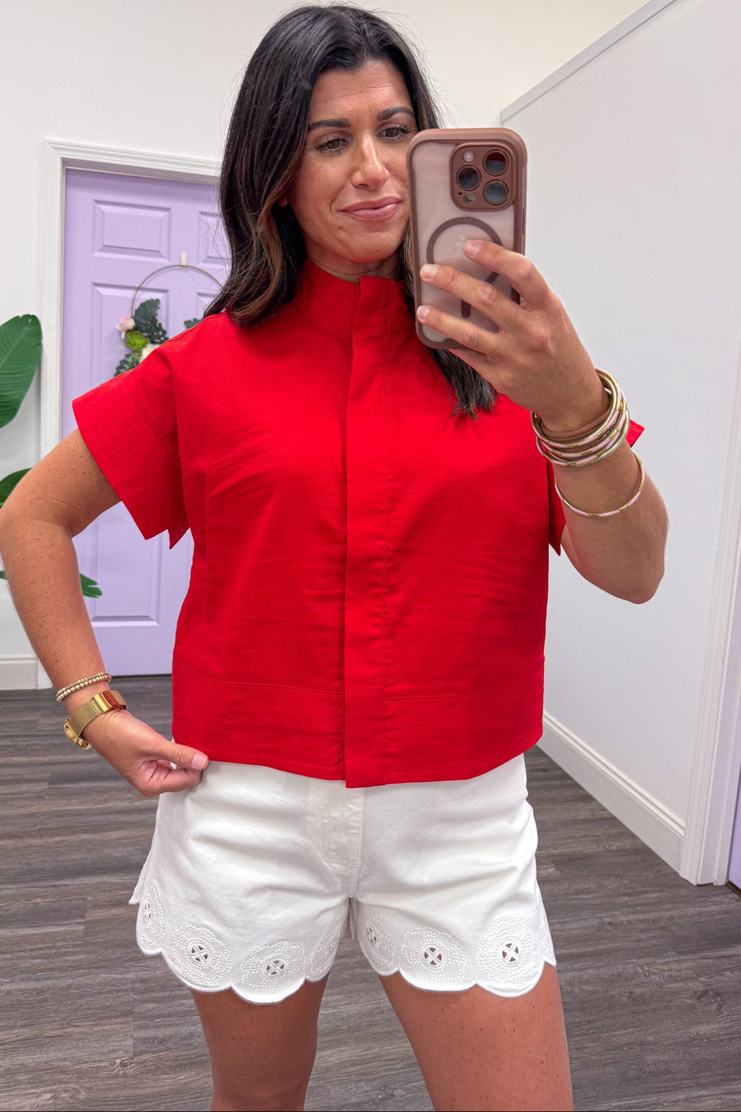 red button front short sleeve linen cotton blend top