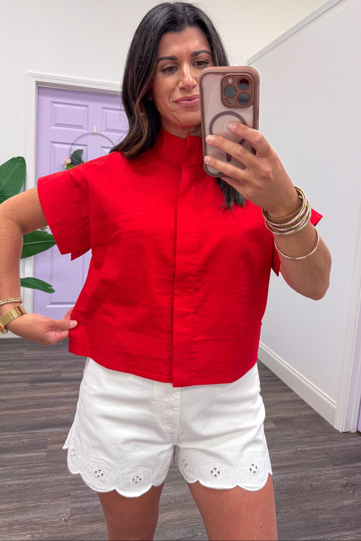 red button front short sleeve linen cotton blend relaxed fit top