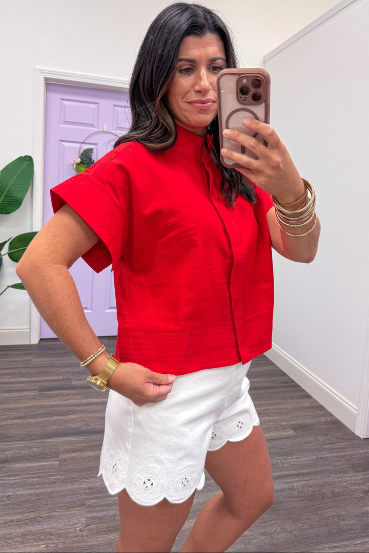 red button front short sleeve mock neck linen cotton blend top