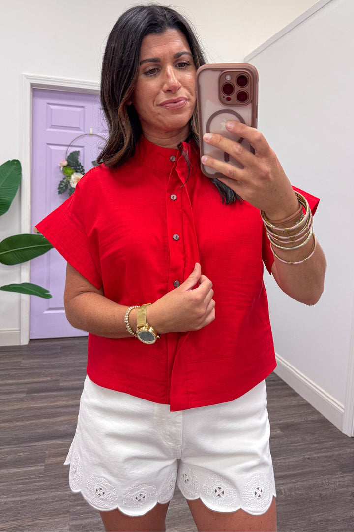 red concealed button front short sleeve linen cotton blend top