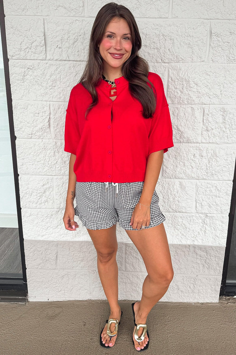 solid red crew neckline button front closure semi-cropped knit cardigan top